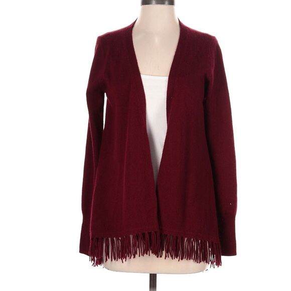 Sara Campbell 100% Cashmere Burgundy Oxblood Red Fringe Open Artsy Cardigan S - Picture 1 of 6
